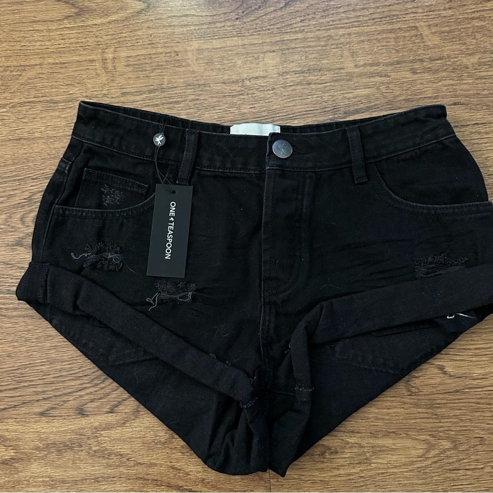 One Teaspoon Jet Black Jean Denim Bandits Shorts 27 rolled up hem sexy festival